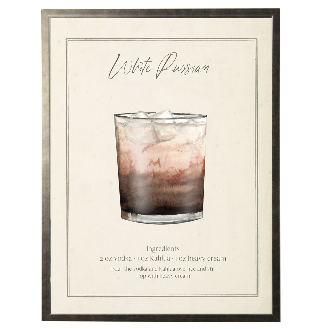 Framed recipe card for a White Russian cocktail with a glass of the drink on a beige background.