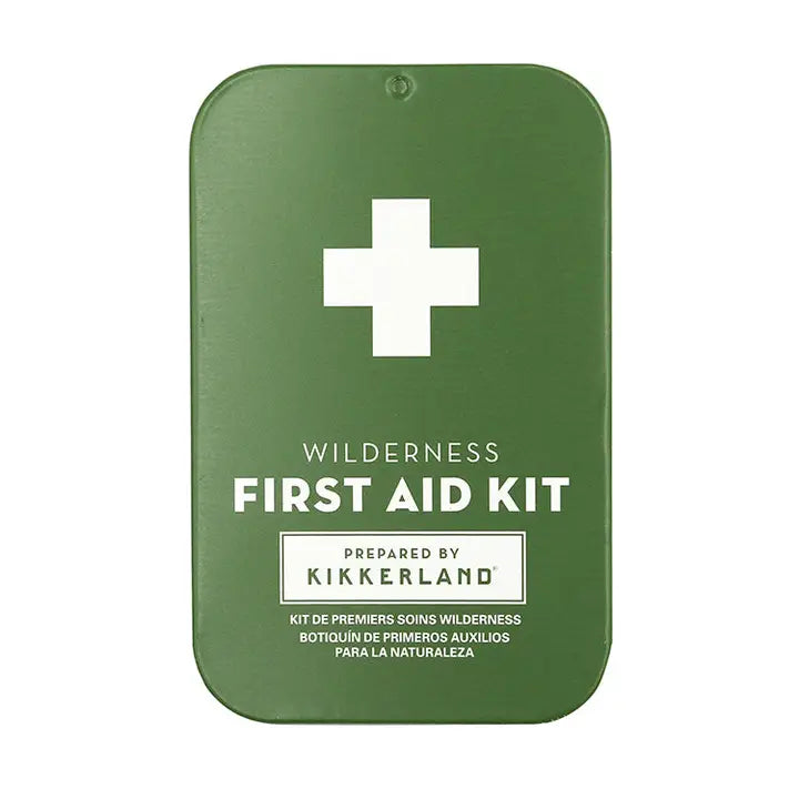 Green first aid kit with white cross and text on a white background
