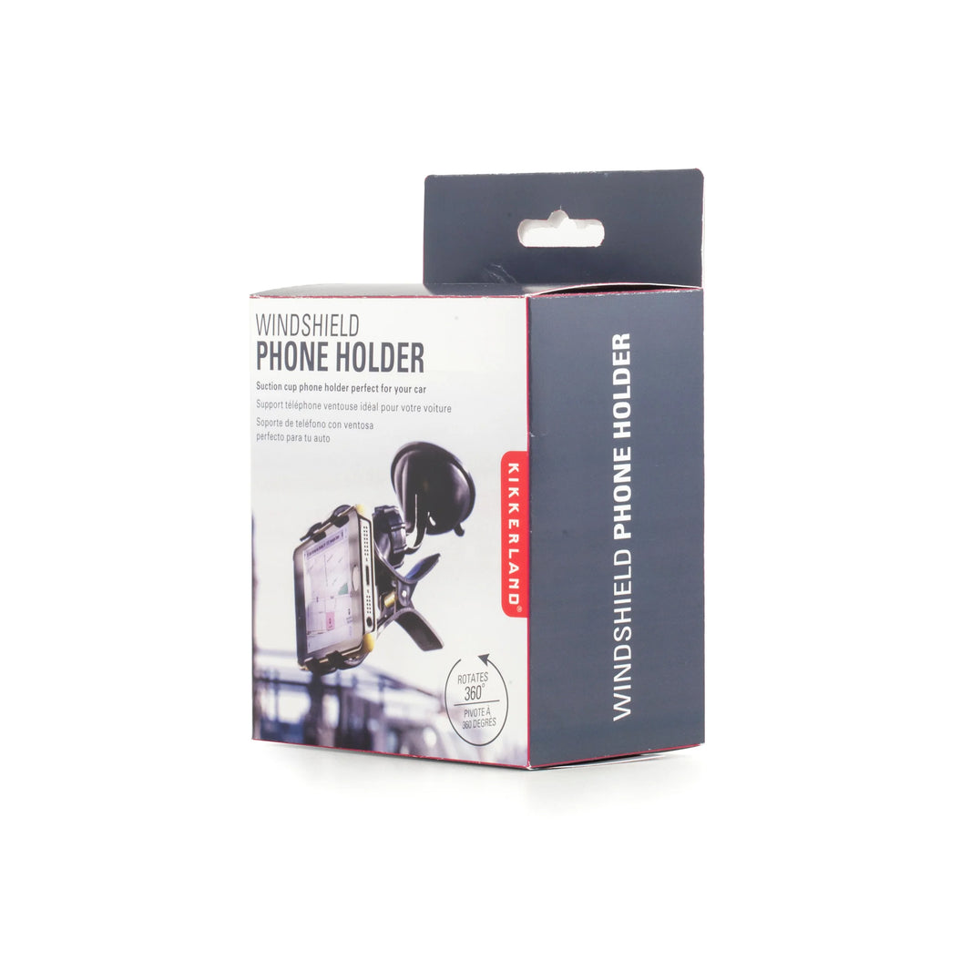 Packaging box of a Windshield Suction Phone Holder displaying the product with a suction cup and smartphone.