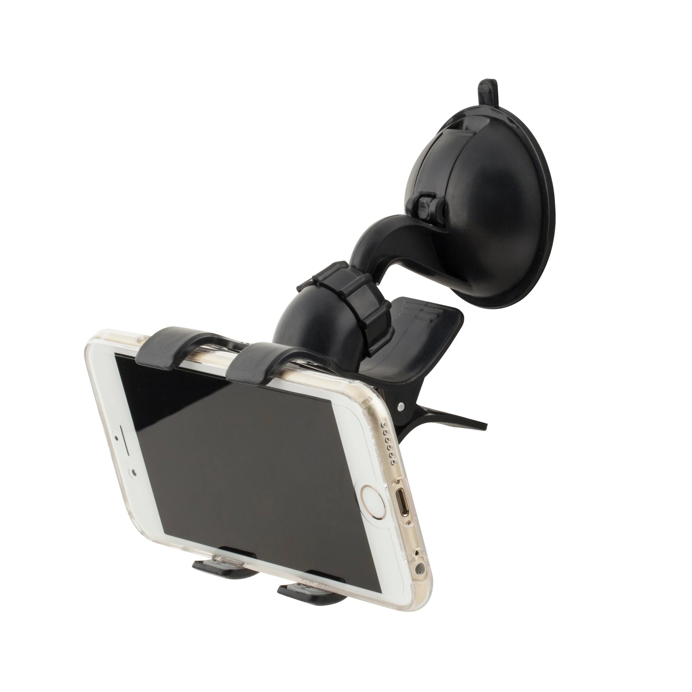 A phone mount meant for a car with a suction cup on one end.