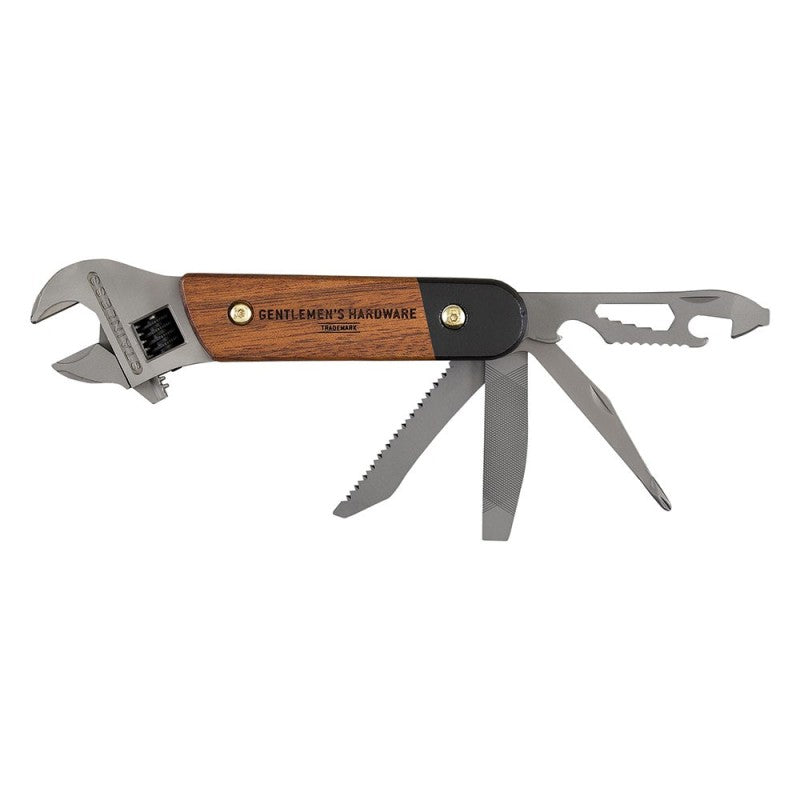 Multitool with adjustable wrench and knife blade on a white background