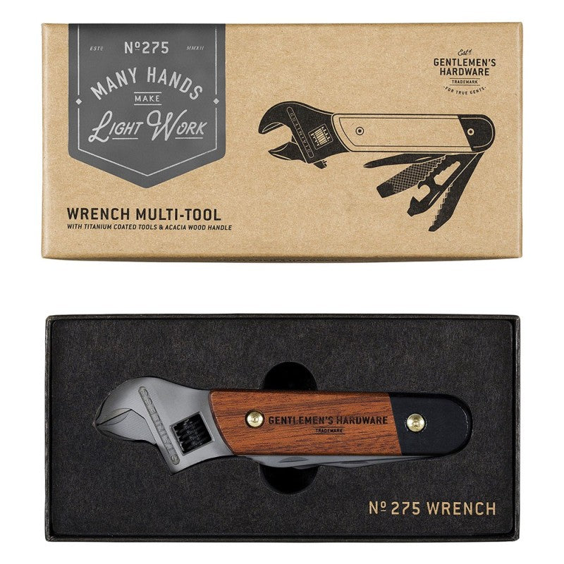 Wrench multi-tool with wooden handle in packaging, branded 'Gentlemen's Hardware'.