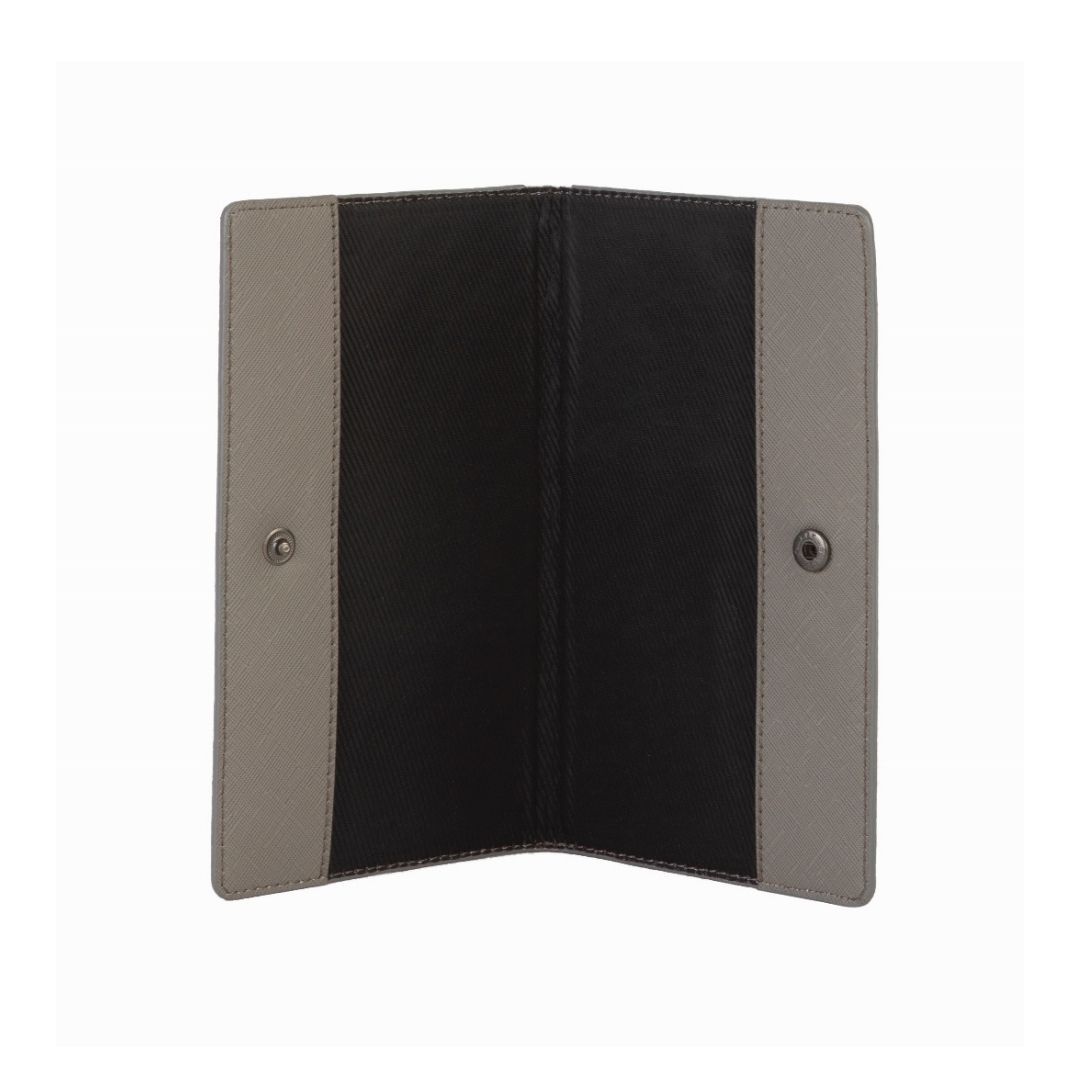 The interior of a gray passport cover.