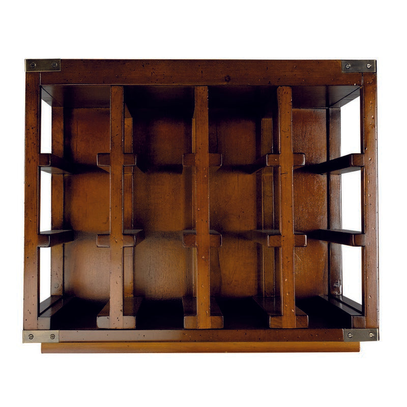 A brown wooden wine bottle rack capable of holding multiple bottles.