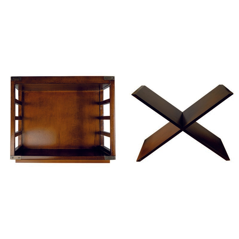 A brown wooden wine bottle storage unit with a removable X shape piece, capable of holding multiple wine bottles.