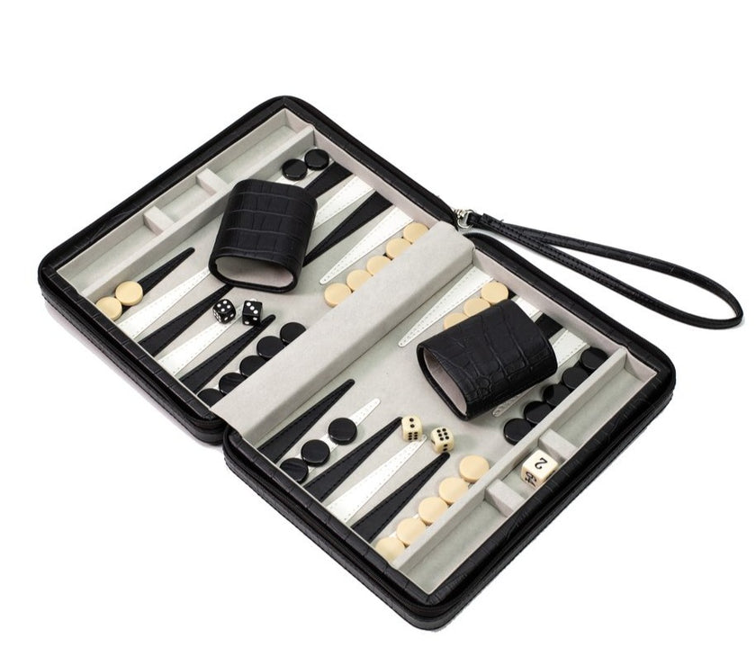 Brouk & Co. Travel Backgammon Set - Black Faux Crocodile