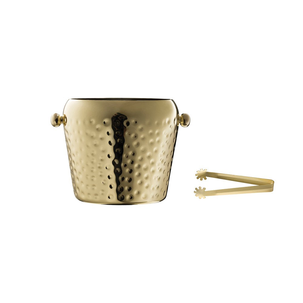 A gold hammered stainless steel ice bucket with tongs.
