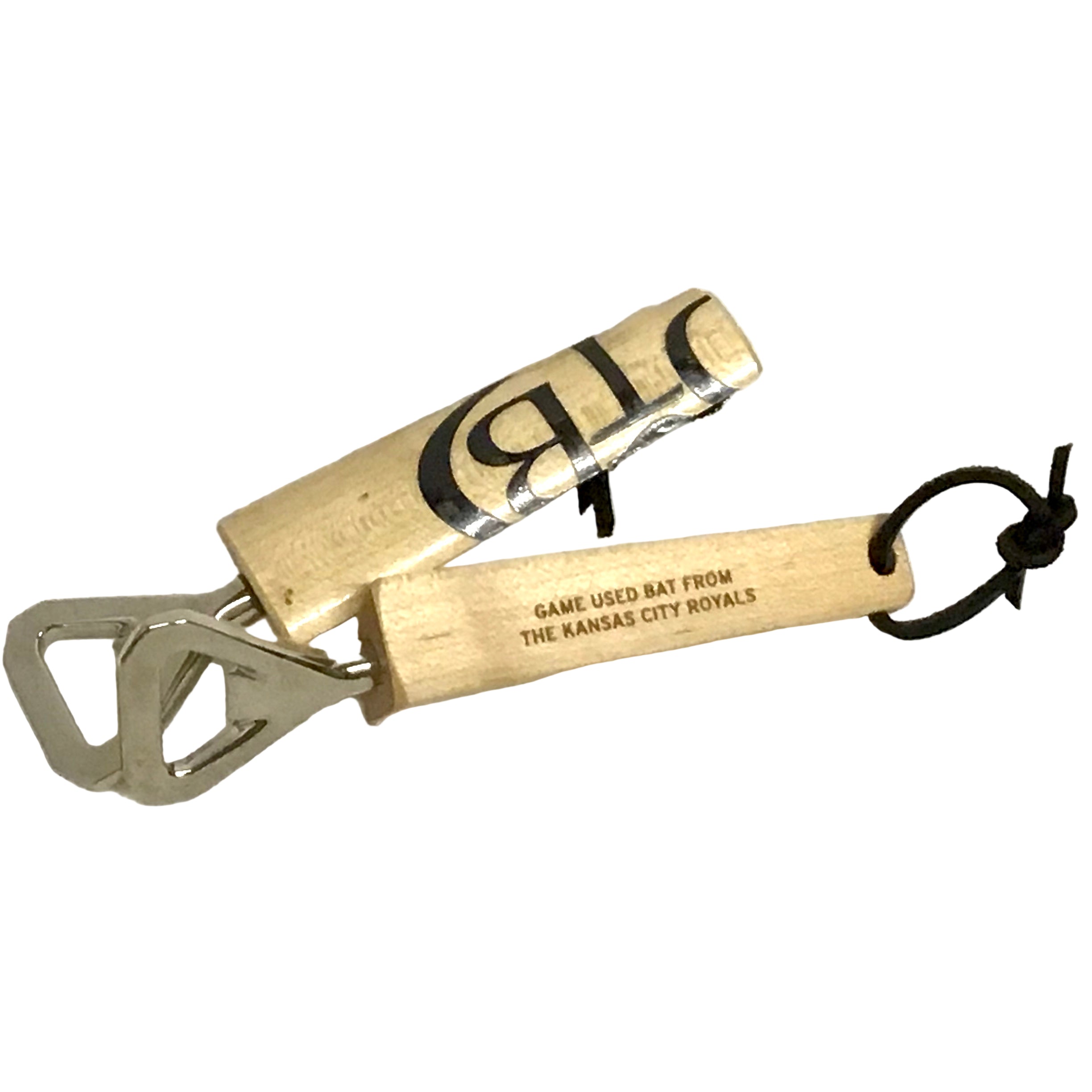A bottle opener made from a game-used Kansas City Royals broken bat, with nickel-plated hardware and a natural wood finish.