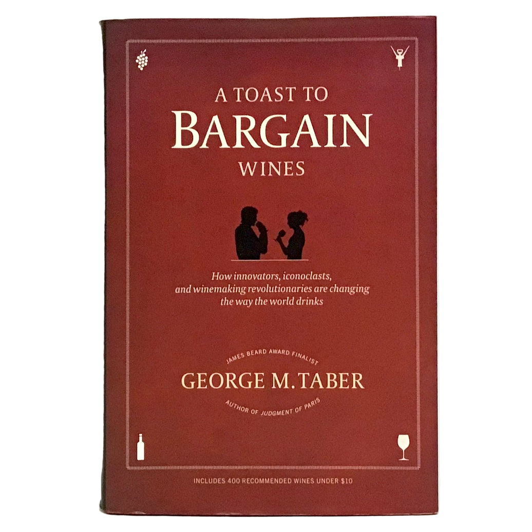 The cover of the book 'A Toast to Bargain Wines' by George M. Taber features a red background with an illustration of two people toasting wine glasses.