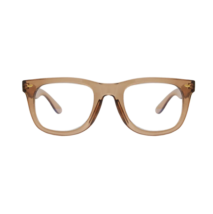 A pair of Gabriel and Simone Elwood reading glasses in a translucent brown color.