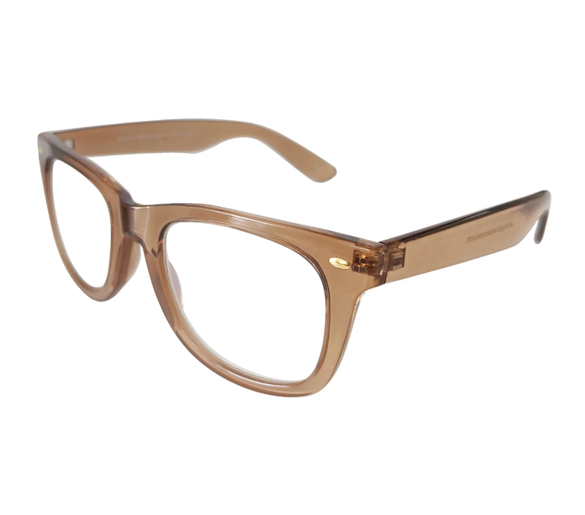 A pair of Elwood Brown reading glasses with a translucent brown frame and clear plastic lenses.