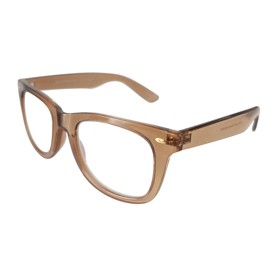 A pair of Elwood Brown reading glasses with a translucent brown frame and clear plastic lenses.