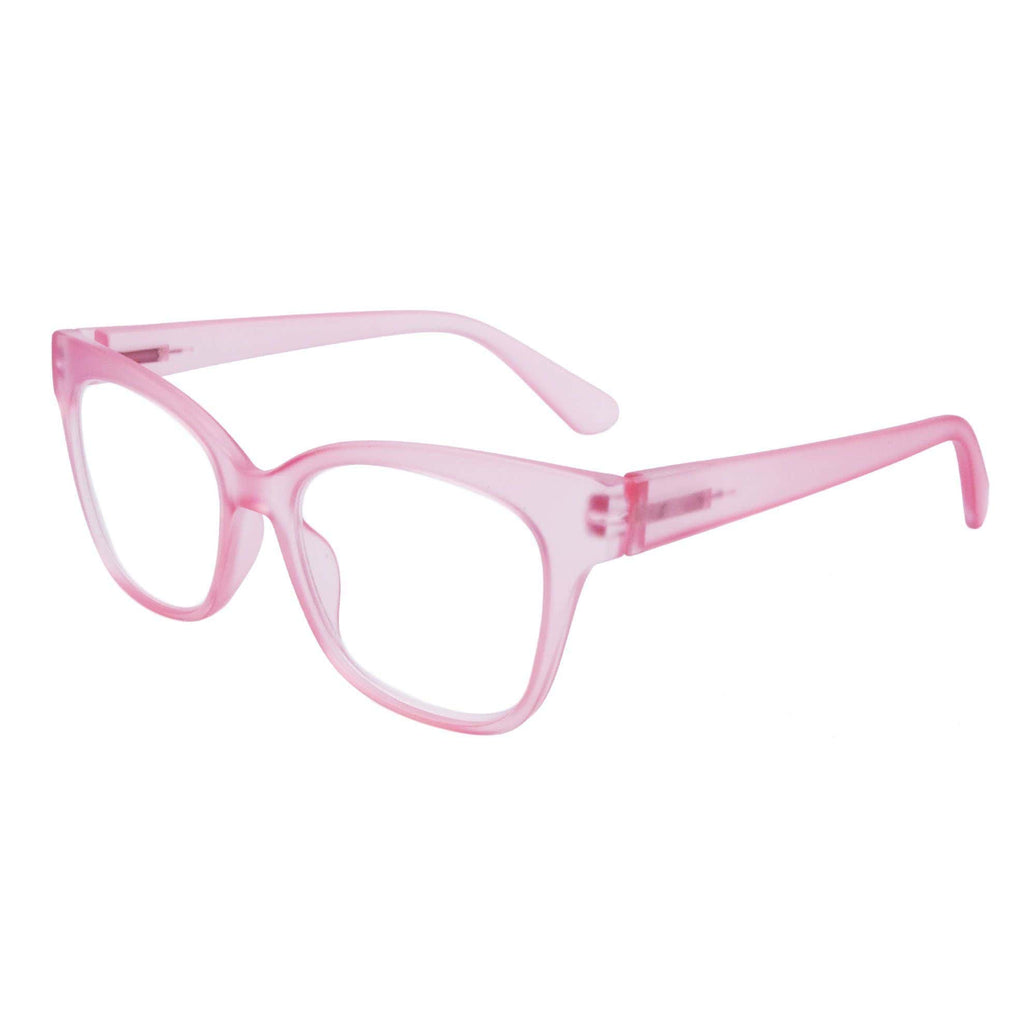 A pair of pink, plastic framed Gabriel + Simone reading glasses with cat-eye design, featuring blue light blockers.