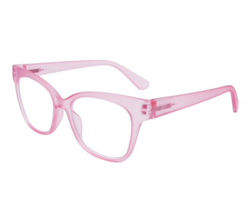 A pair of pink, plastic framed Gabriel + Simone reading glasses with cat-eye design, featuring blue light blockers.