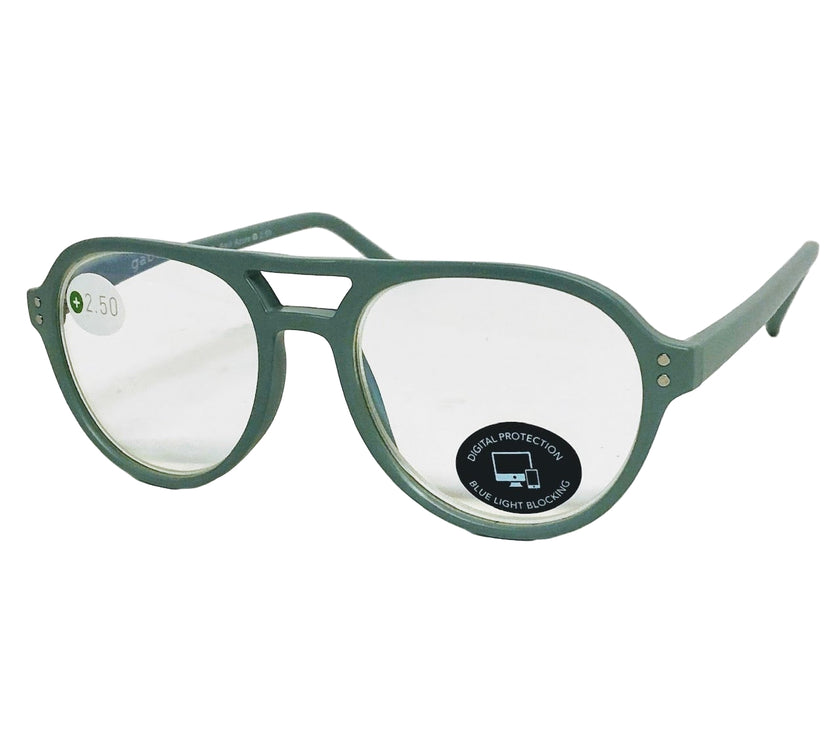 A pair of Gabriel and Simone reading glasses in +2.50 with a matte azure color frame and a sticker that says "digital protection blue light blocking."