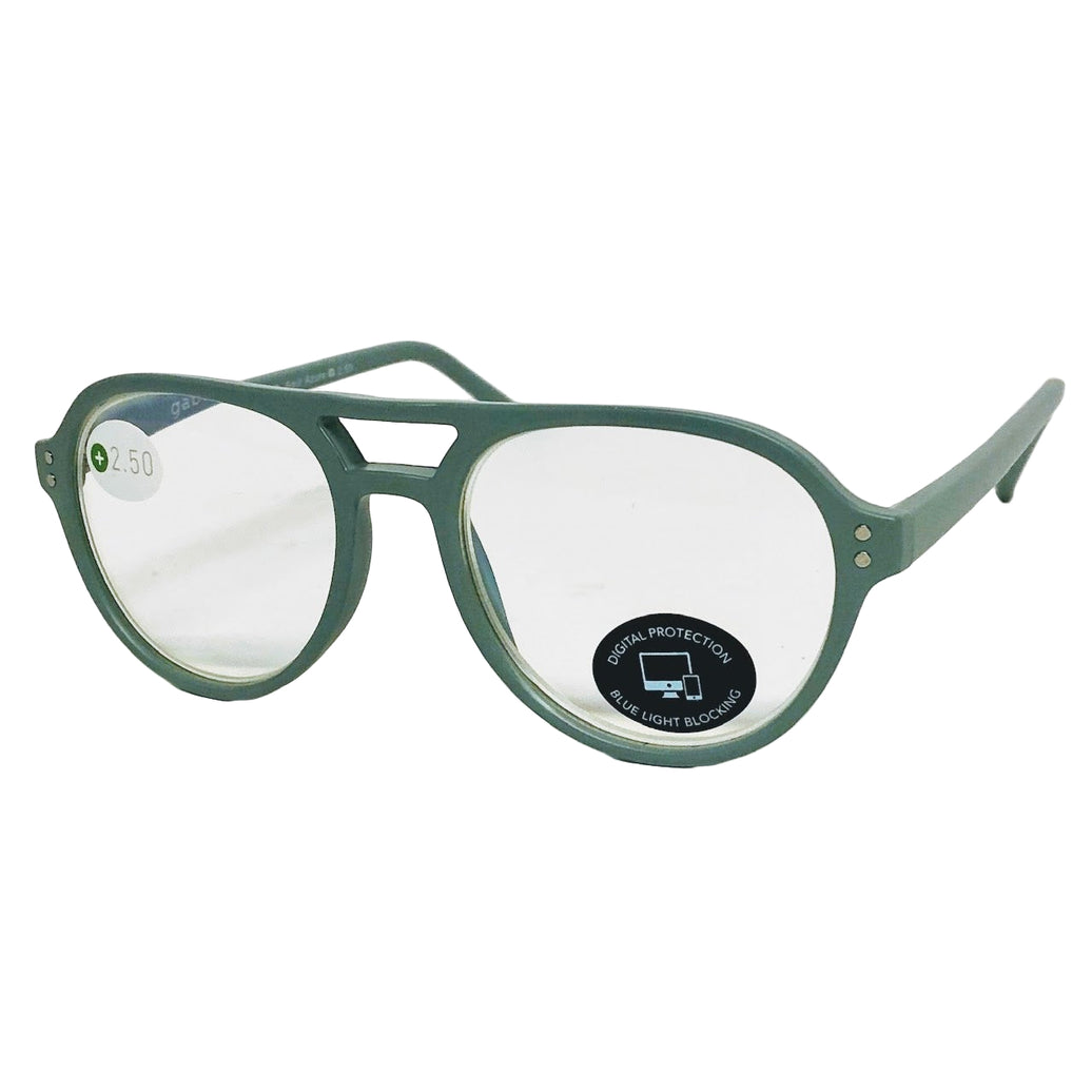 A pair of Gabriel and Simone reading glasses in +2.50 with a matte azure color frame and a sticker that says "digital protection blue light blocking."