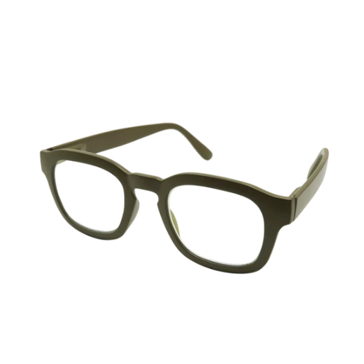 A pair of square-framed green reading glasses with a plastic build, including the lenses and temples.