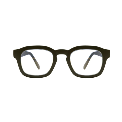 A pair of Gabriel and Simone reading glasses in a dark green color.