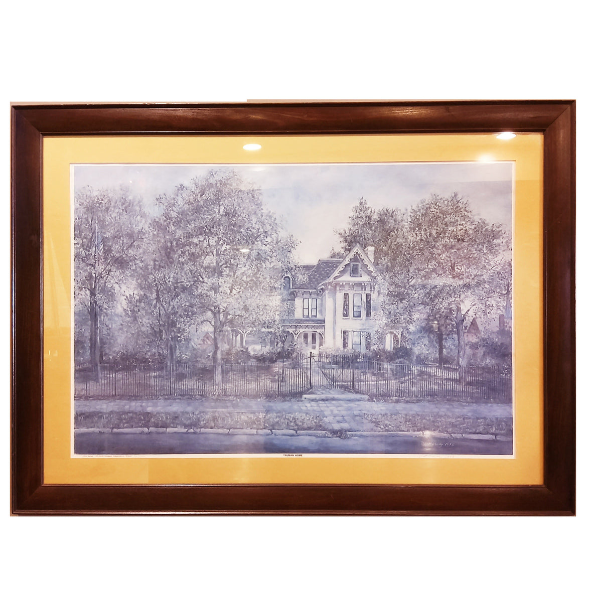 Framed art print featuring a Harry S. Truman's house with a tree  in the foreground, set against a subtle gradient background. 