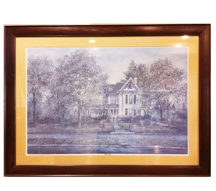 Framed art print featuring a Harry S. Truman's house with a tree  in the foreground, set against a subtle gradient background. 