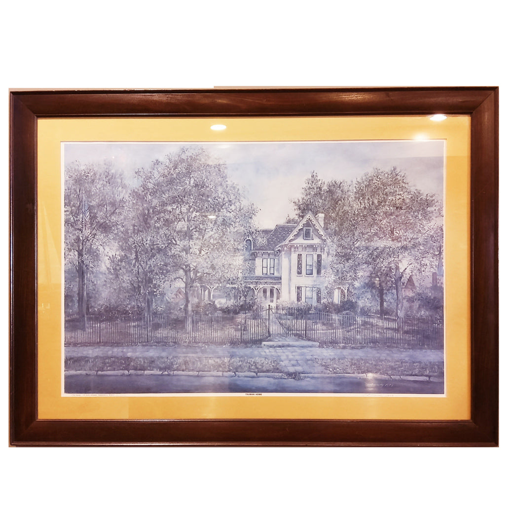 Framed art print featuring a Harry S. Truman's house with a tree  in the foreground, set against a subtle gradient background. 