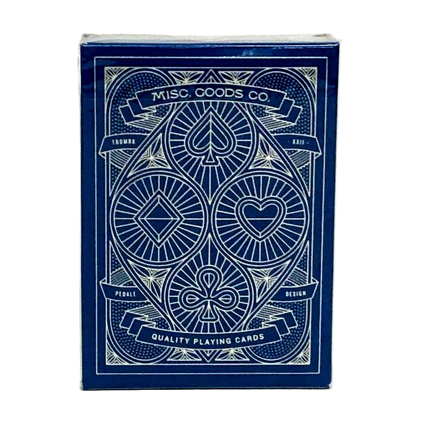 A box of Blue & Silver playing cards with intricate geometric patterns on the packaging.