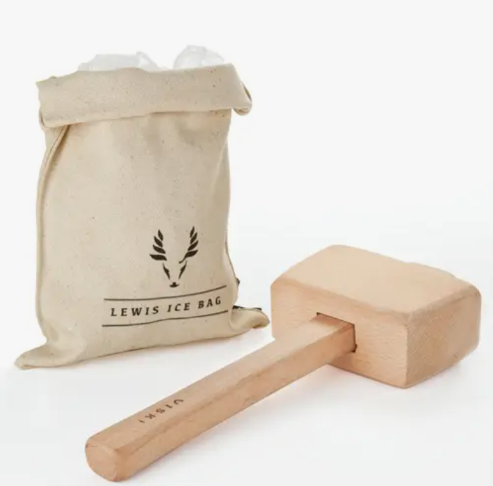 A wooden ice mallet and ice bag with "Lewis Ice Bag" on a white background.