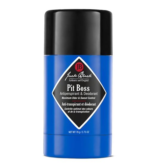 A stick of Jack Black Pit Boss Antiperspirant & Deodorant, featuring a blue color scheme and the brand's logo.