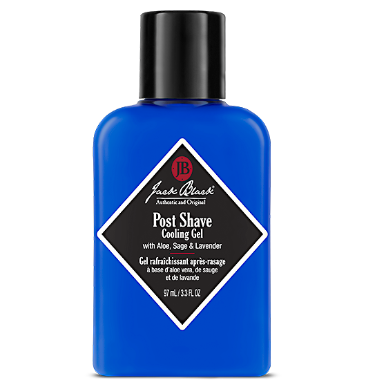 A blue bottle of Jack Black Post Shave Cooling Gel with a label that includes the product name and mentions aloe, sage, lavender, and rosemary.