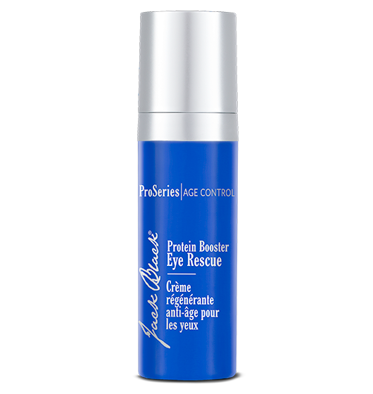 A bottle of Jack Black Protein Booster Eye Rescue cream with blue and white packaging.