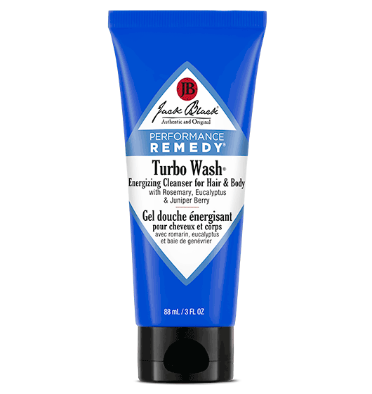 A tube of Jack Black Turbo Wash, which is a performance remedy for hair and body, featuring Rosemary & Eucalyptus for a cooling effect, along with Juniper Berry & Arnica for soothing properties. The product is 3 oz and has a blue tube with white and red text.