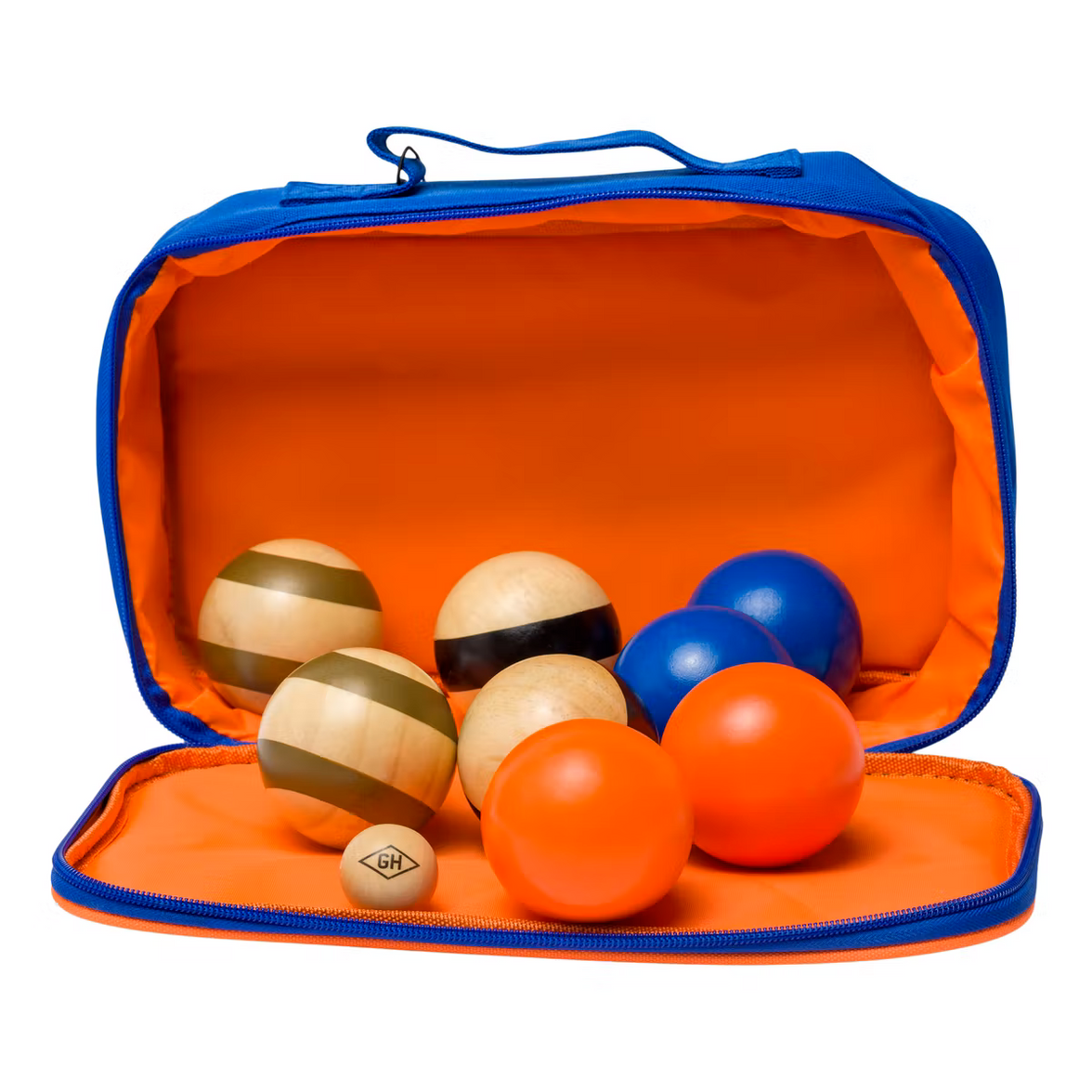 A bocce ball set with a carry bag, featuring a white target ball, solid orange and blue balls, and striped green and black balls. The carry bag interior is bright orange.