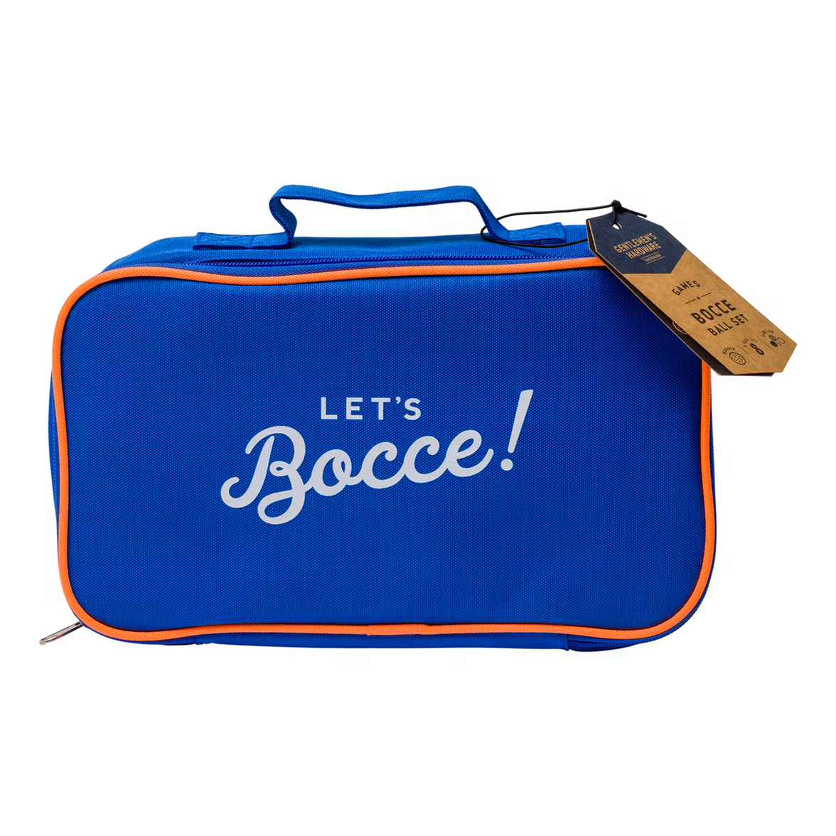 A bocce ball set with a carry bag, featuring a white target ball, solid orange and blue balls, and striped green and black balls, along with a blue bag with orange text 'LET'S BOCCe!'.
