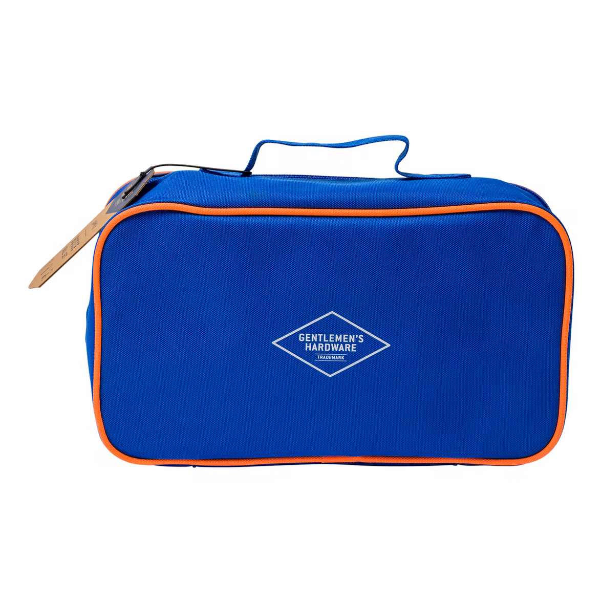 The back of a blue bocce ball set carry bag, with orange accents and the brand name "Gentlemen's Hardware" in a white diamond border.