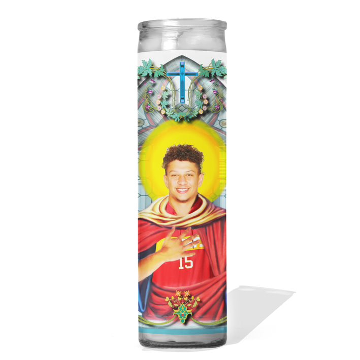 A Patrick Mahomes Prayer Candle designed with a gloss vinyl label featuring the Kansas City Chiefs quarterback. The candle is white, 8 inches tall, and set in a clear container.