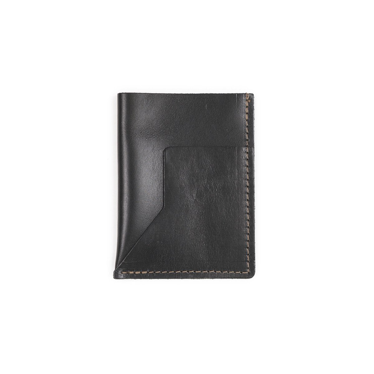 A black leather passport sleeve on a white background.