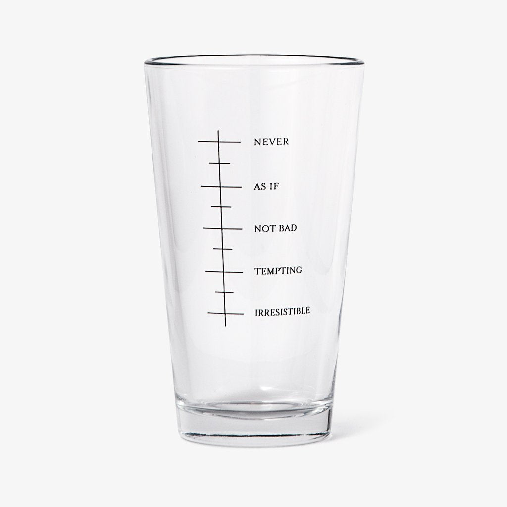 A beer pint glass with different levels on it with text reading "Never, as if, not bad, temping," and "irresistable."