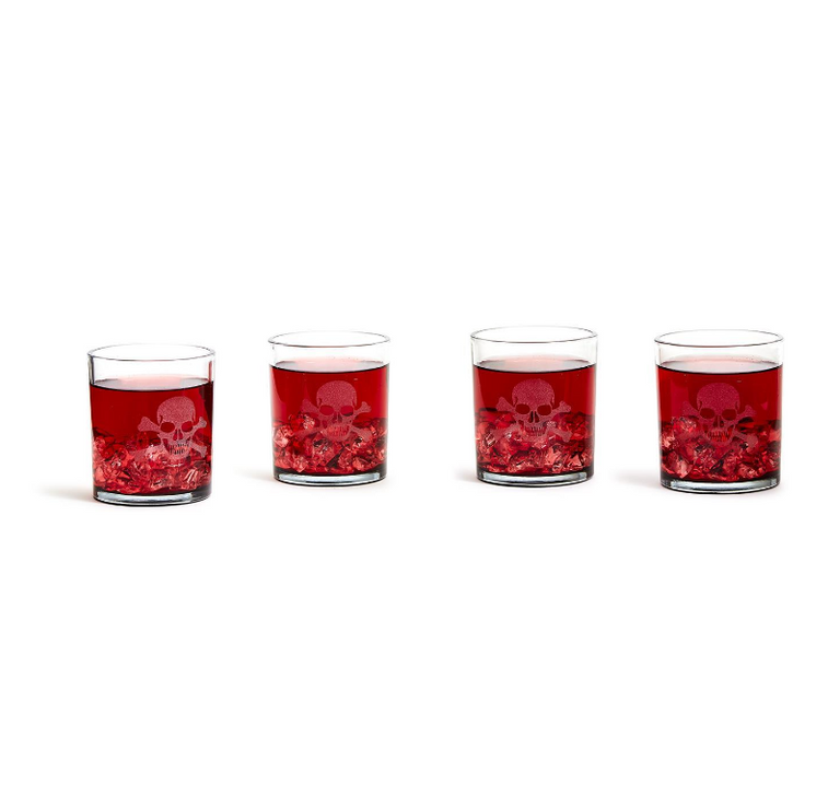 Skull & Bones Set of 4 Double Old-Fashioned Hand-Etched Smoke Glasses with Sayings