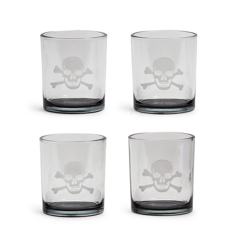 Skull & Bones Set of 4 Double Old-Fashioned Hand-Etched Smoke Glasses with Sayings