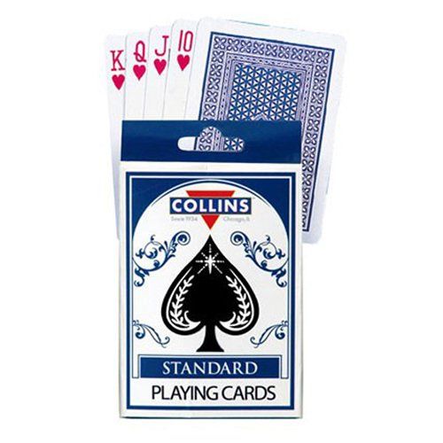 A deck of Collins standard playing cards coming out of their package.