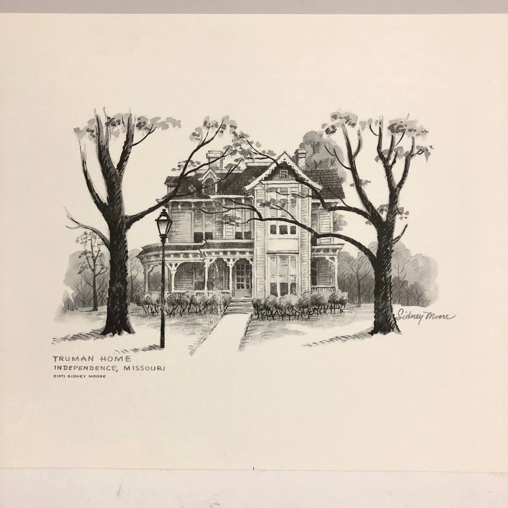 Black and white art print of Truman Home, featuring a two-story house with trees and a lamp post in the foreground, drawn by Sidney Moore.