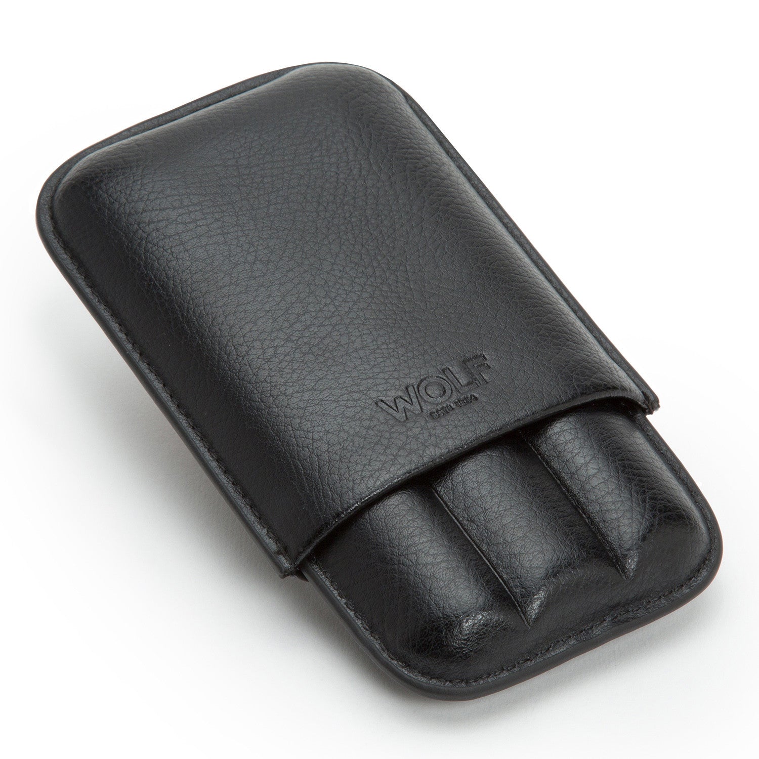 A 3 piece cigar case in black coloring with ultrasuede leather interior.