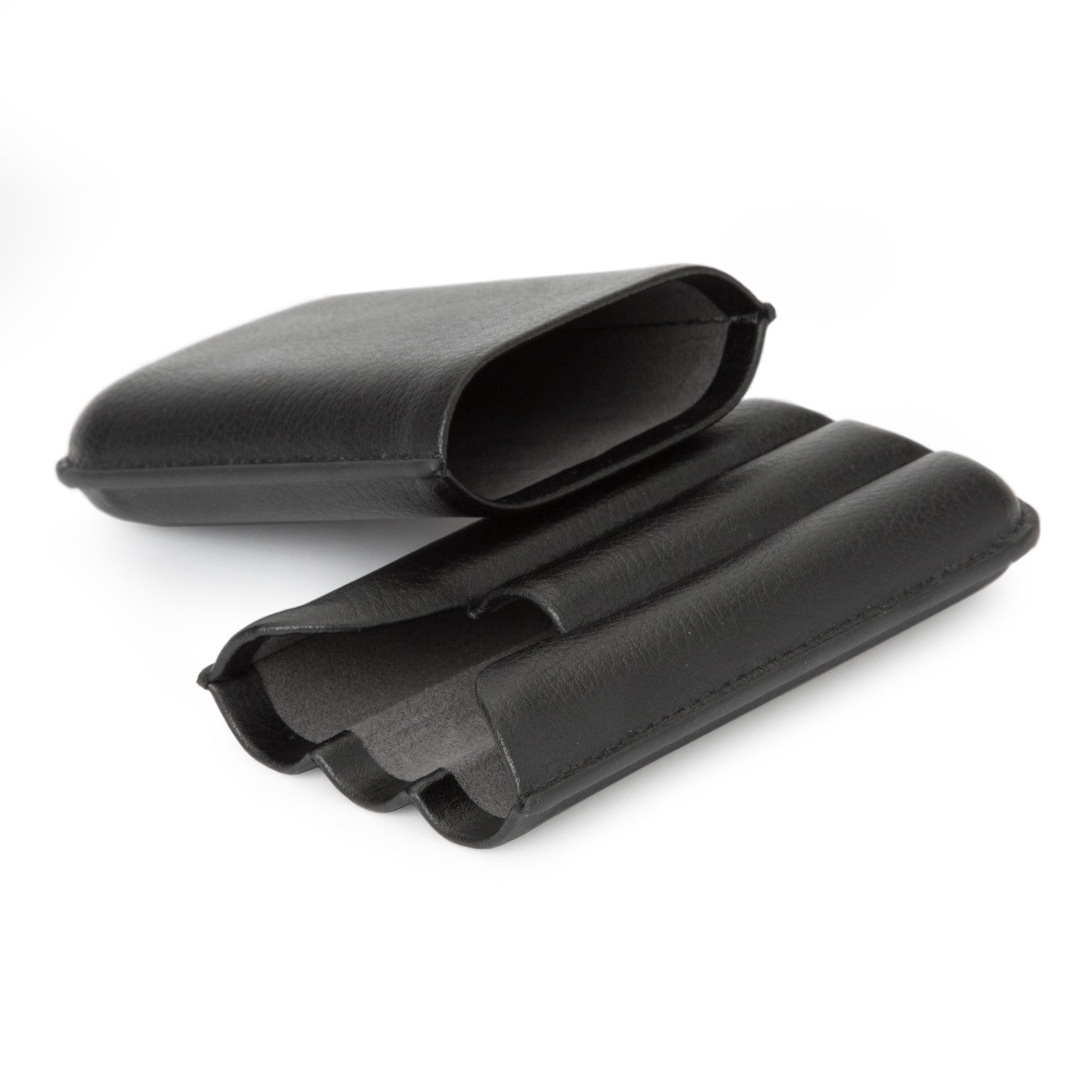 A 3 piece cigar case in black coloring with ultrasuede leather interior.