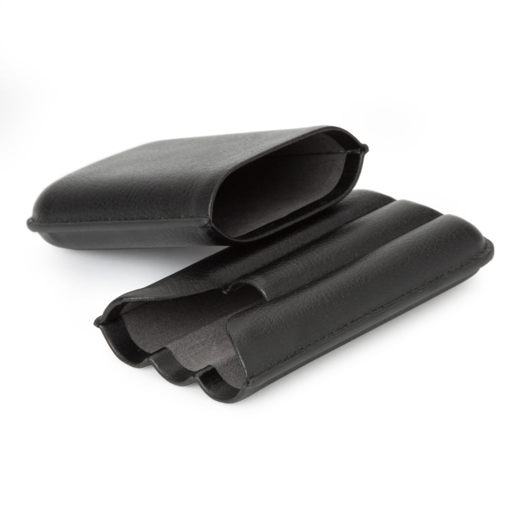 A 3 piece cigar case in black coloring with ultrasuede leather interior.