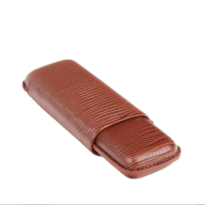 A brown cigar holder with lizard pattern and made of genuine leather.