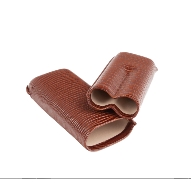 A brown cigar holder with lizard pattern and made of genuine leather.