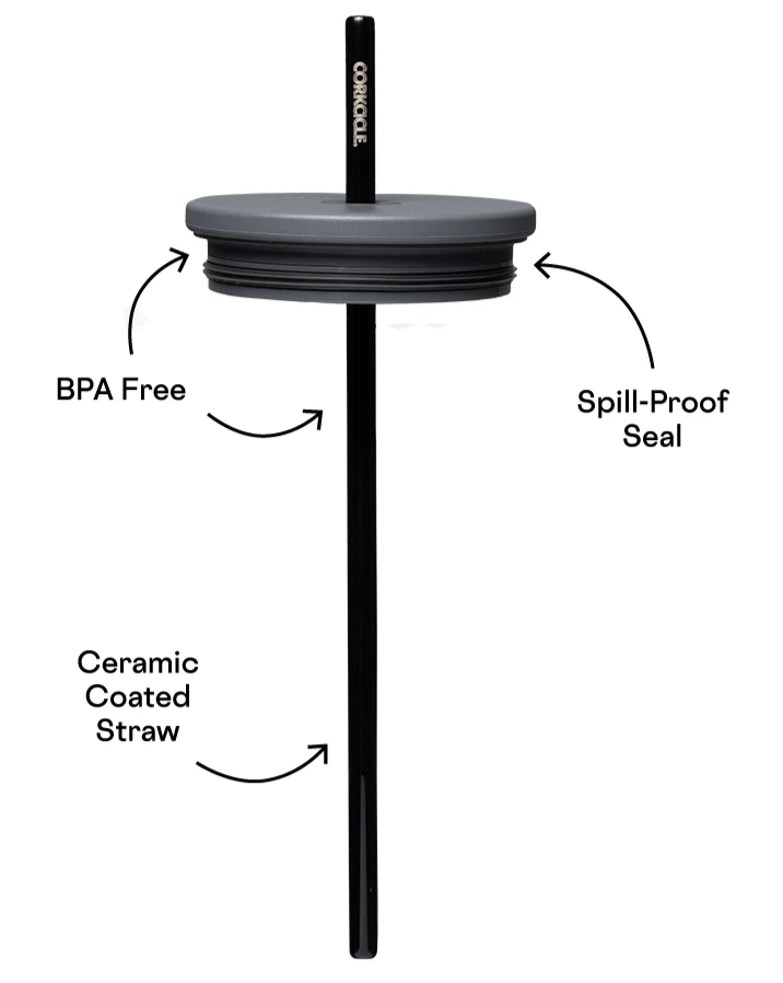 A black Corkcicle 24oz cold cup lid with a straw set with elements of the product pointed out against a white background.