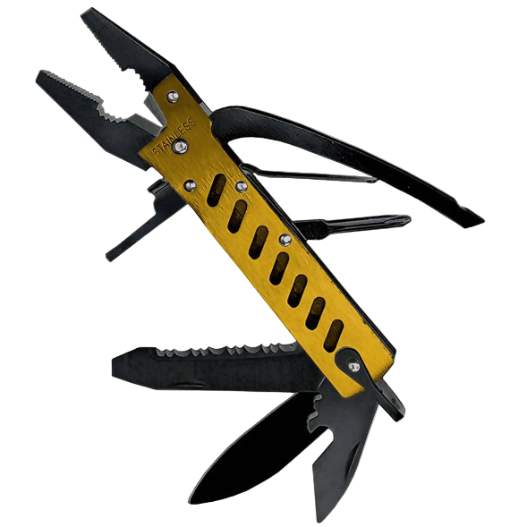 A yellow and black multi-tool with pliers, wire cutters, and additional tools unfolded and extended.