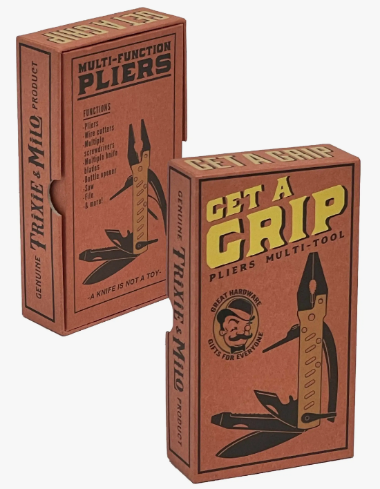 The box packaging for the Trixie & Milo multi-function pliers with "Get a Grip" on the outside.