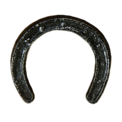 A small black cast iron horseshoe designed as a decorative item.